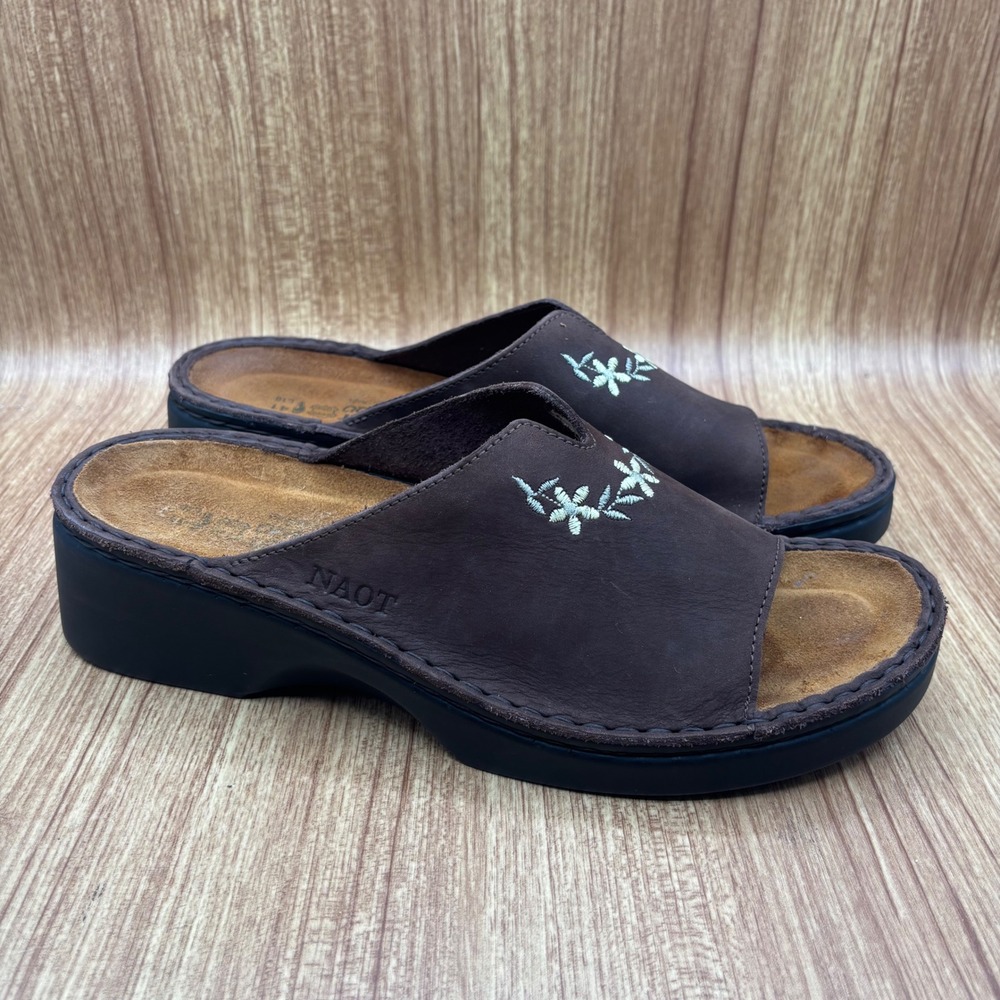 Naot Rome Leather Slide Sandal Women 41 Brown Floral Embroidered Wedge Mules L10